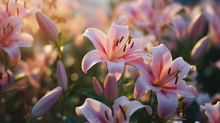 Pink lily flowers blooming in the garden at sunset. Nature backgroundの写真素材
