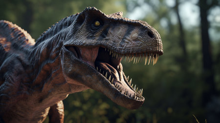 Dinosaur Tyrannosaurus Rex roaring in the forest. 3d renderingの写真素材