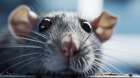 Close-up of a gray rat eating food on a kitchen tableの写真素材