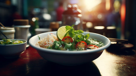 Noodles in white bowl on wooden table in restaurant, close up