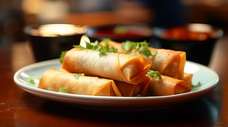 Spring rolls with vegetables and sauce on a table in a restaurant.