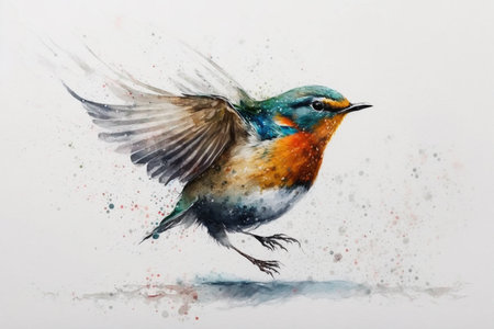 Watercolor painting of a bird with wings spread on a white backgroundの写真素材