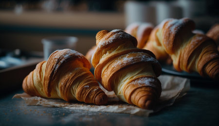 Freshly baked croissants on a table in a bakery.の写真素材