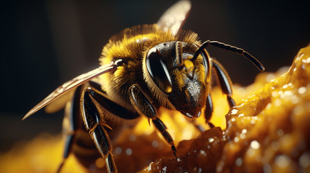 Close up of a bee on honeycomb. Shallow depth of field.