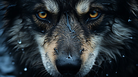 Portrait of a dog in the rain, close-up.