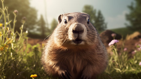 Alpine marmot (Marmota marmota) on a meadowの写真素材