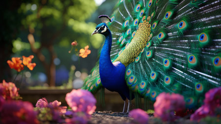 Beautiful peacock with flowers in the garden. Selective focus.