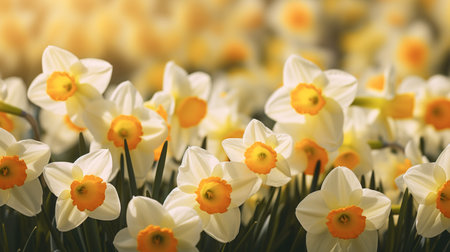 White daffodils in the field. Spring flowers background.の写真素材