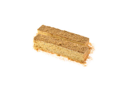 two pieces of wafer chocolate cake on a white backgroundの写真素材