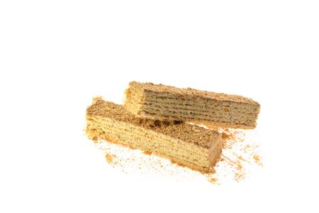 two pieces of wafer chocolate cake on a white backgroundの写真素材
