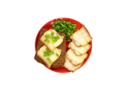 red plate with a piecgreen plate with a piece of bread fat green onions on a white backgrounde of bread and baconの写真素材