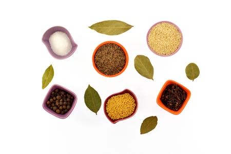 Various kinds of spices in tiny cups on a white backgroundの写真素材