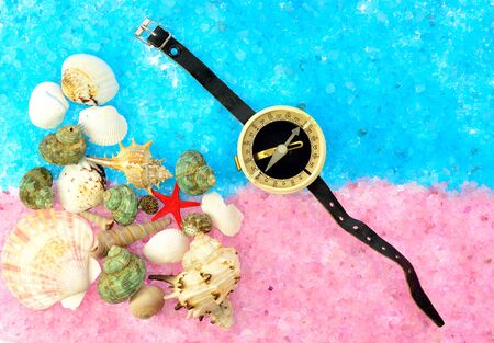 sea shells and compass on blue and pink sea saltの写真素材