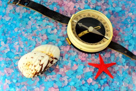 Shells, star and tourist compass on sea salt in different colorsの写真素材