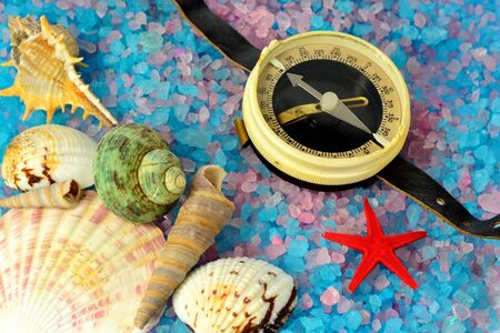 Shells, star and tourist compass on sea salt in different colorsの写真素材