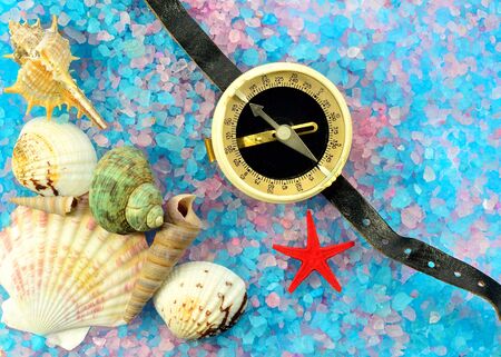 Shells, star and tourist compass on sea salt in different colorsの写真素材