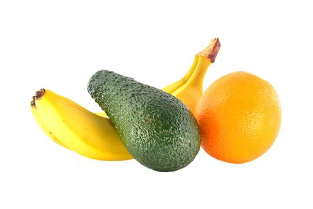 Ripe banana, tangerine and avocado on a white backgroundの写真素材