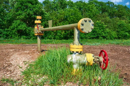 Oil pipeline with a tap valve in the summerの写真素材