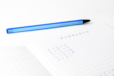 Mathematical examples are written on a sheet of paper into a cell