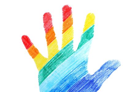 The hand painted with rainbow colors on a white backgroundの写真素材