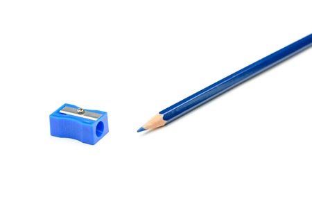 Blue pencil and a blue pencil sharpener on a white backgroundの写真素材