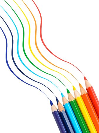 Sharpened colored pencils on a white backgroundの写真素材