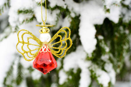 Christmas toys hanging on fir branches snowの写真素材