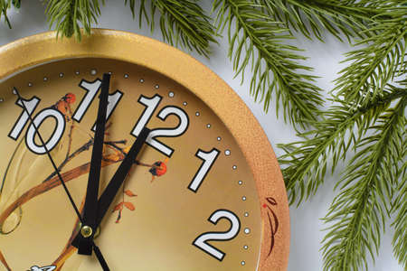 Wall clock and fir branches on a white backgroundの写真素材