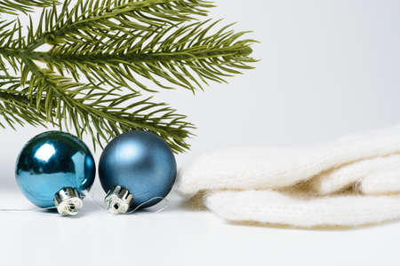 Toys and spruce branches on a white backgroundの写真素材