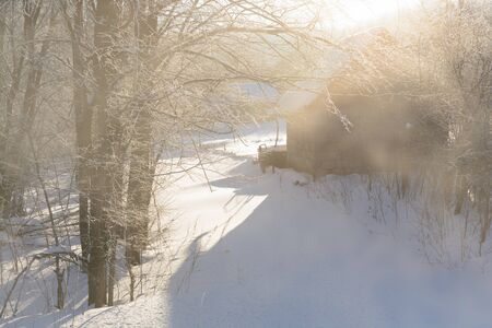 Garden house covered with snow in the backlit sunlightの写真素材