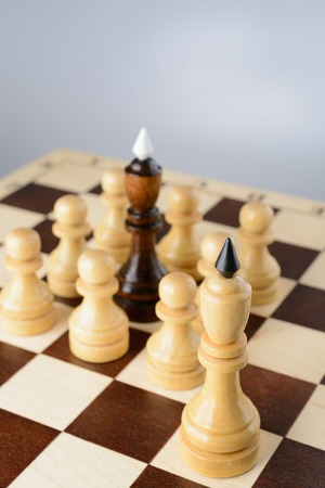 Black king surrounded by white pawns and the king on the chessboard