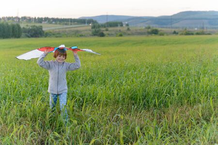 Girl playing with a kite in the springの写真素材