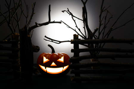 Halloween pumpkin with scary face beside an old wooden fenceの写真素材