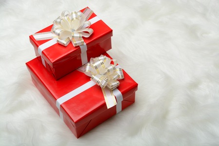 Two red boxes with gifts on a white carpet from furの写真素材