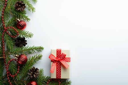 Spruce branches, red beads and gift box on a white backgroundの写真素材