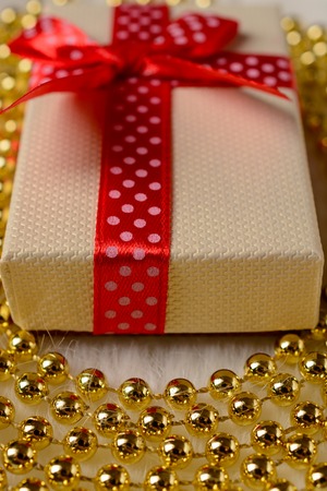 Gift box with red bow and gold beads on a fur rugの写真素材