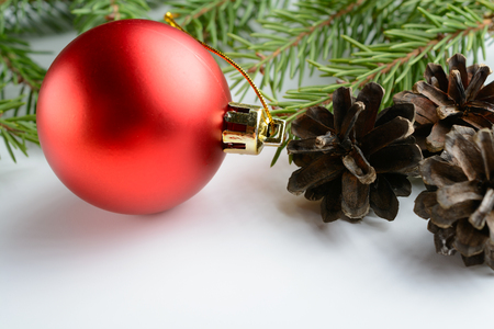 Christmas decoration red ball, pine cone and branchの写真素材