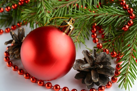 Christmas decoration red ball, pine cone and branchの写真素材
