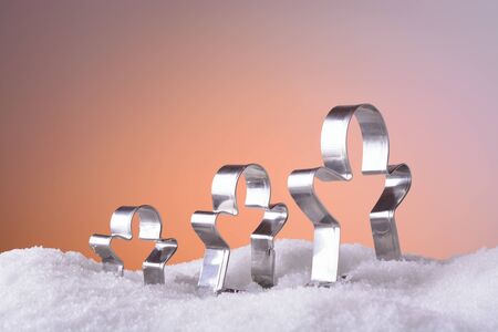 Metal molds for Christmas cookies in the snowの写真素材