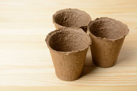 Peat pots for seedlings on a wooden backgroundの写真素材