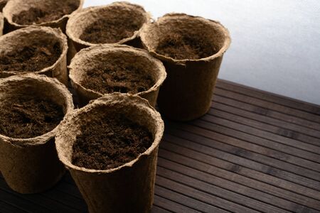 Peat pots with soil on a wooden tableの写真素材