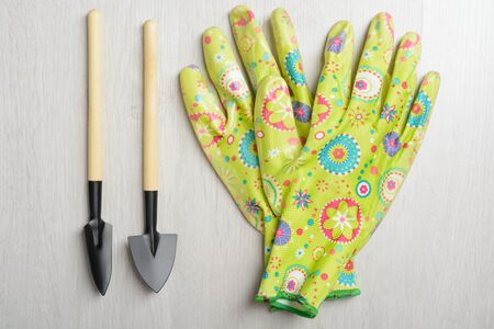 Garden tools for planting on a wooden tableの写真素材