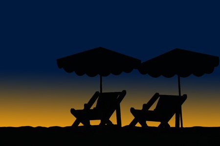 Silhouettes of sun loungers with umbrellas on the background of sunriseの写真素材