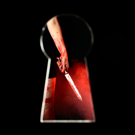Dark scene of bloodstained woman wearing red stockings holding bloody knife seen through keyhole