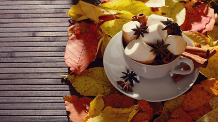 Cup of coffee with marshmallows and yellow leaves lit by sunlight from the window. Tonedの写真素材