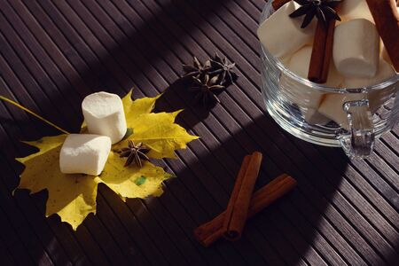 Transparent Cup filled with marshmallow, star anise and cinnamon lit by sunlight from the window. Tonedの写真素材