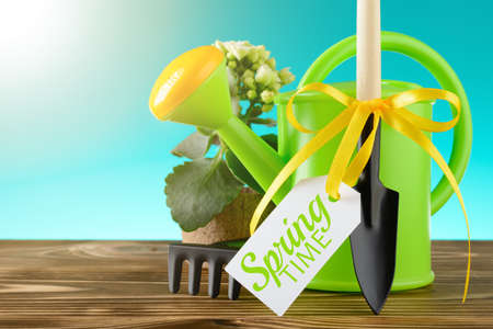 Springtime label and different tools with flower on wooden table