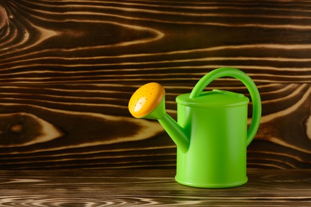 Green garden watering can on wooden tableの写真素材
