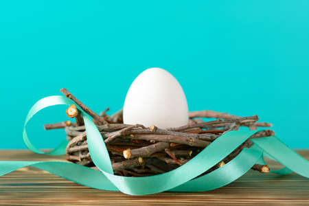 Composition of chicken egg with blue ribbon lying in twig nest on blue background