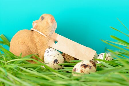 The composition of decorative rabbit with label and quail eggs for Easter